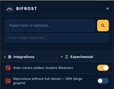 BIFROST popup: Experimental section expanded showing the SPA-refresh and auto-centre toggles